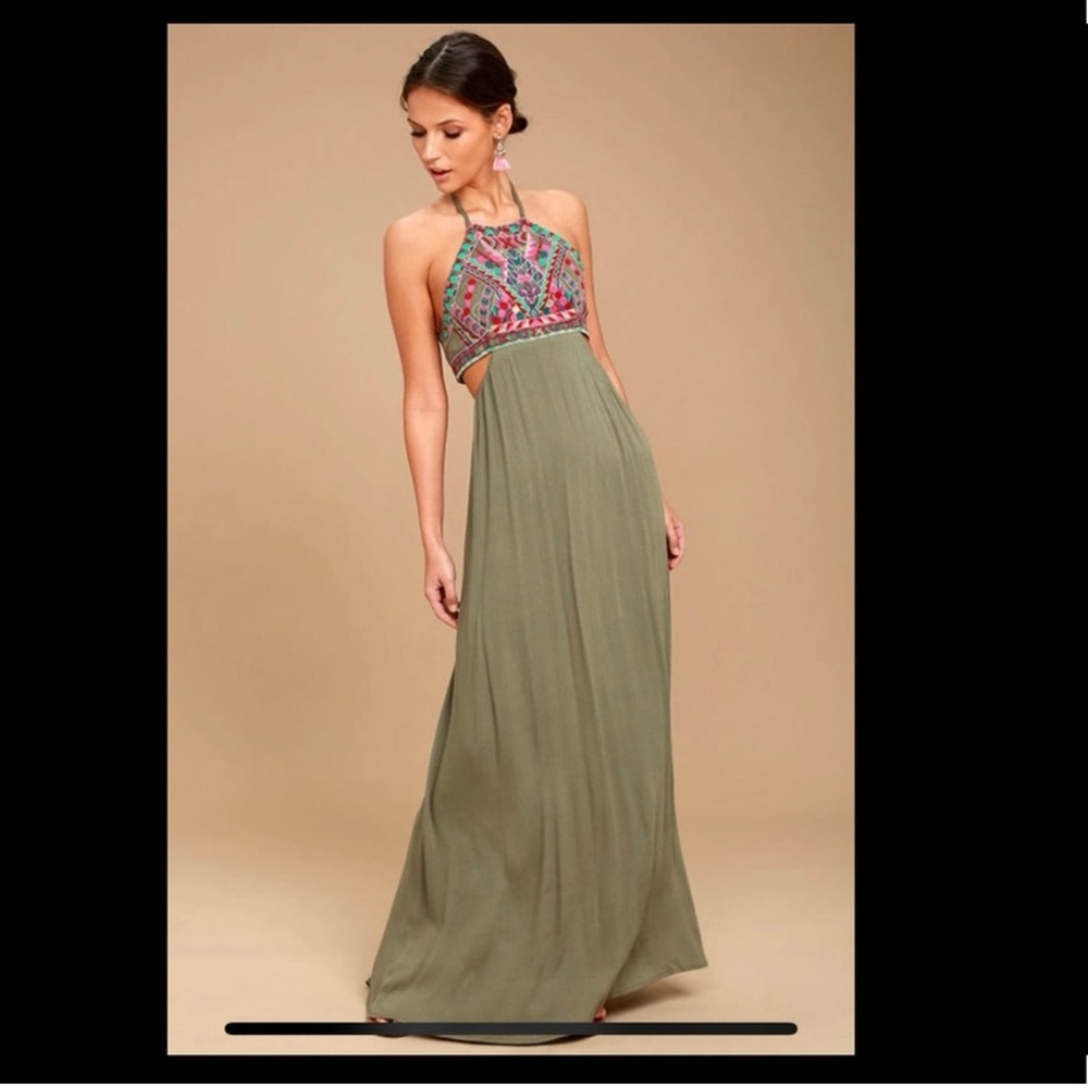 Lulus Little Beach Olive Green Embroidered Maxi Dress - Size M. Like new.